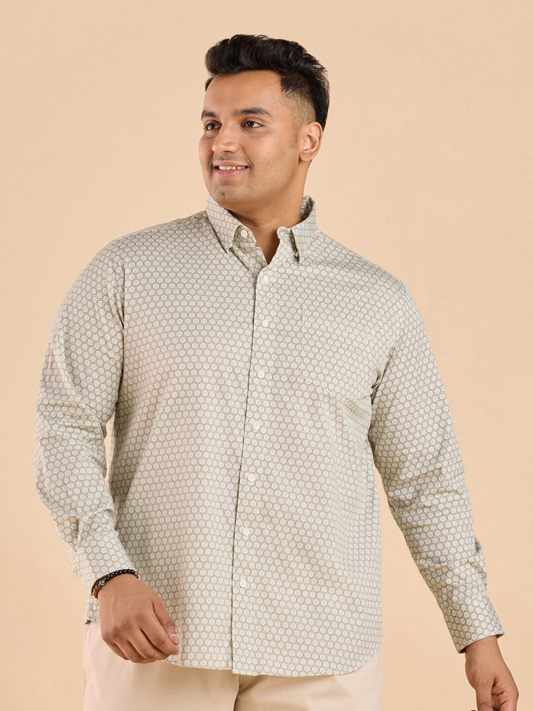 

Big Hello - The Plus Life Printed Twill Cotton Casual Shirt, Beige