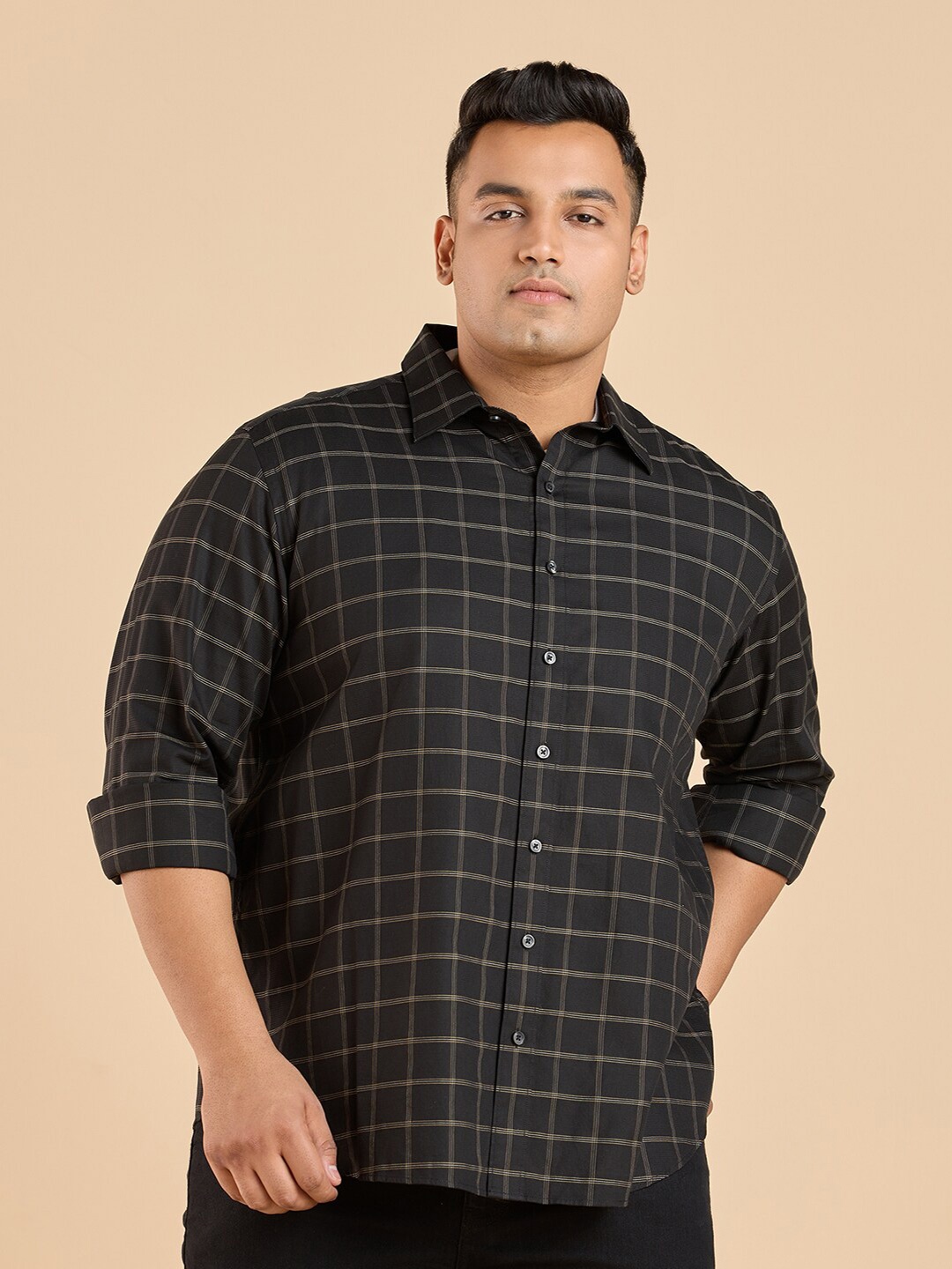 

Big Hello - The Plus Life Windowpane Checks Spread Collar Long Sleeves Cotton Casual Shirt, Black