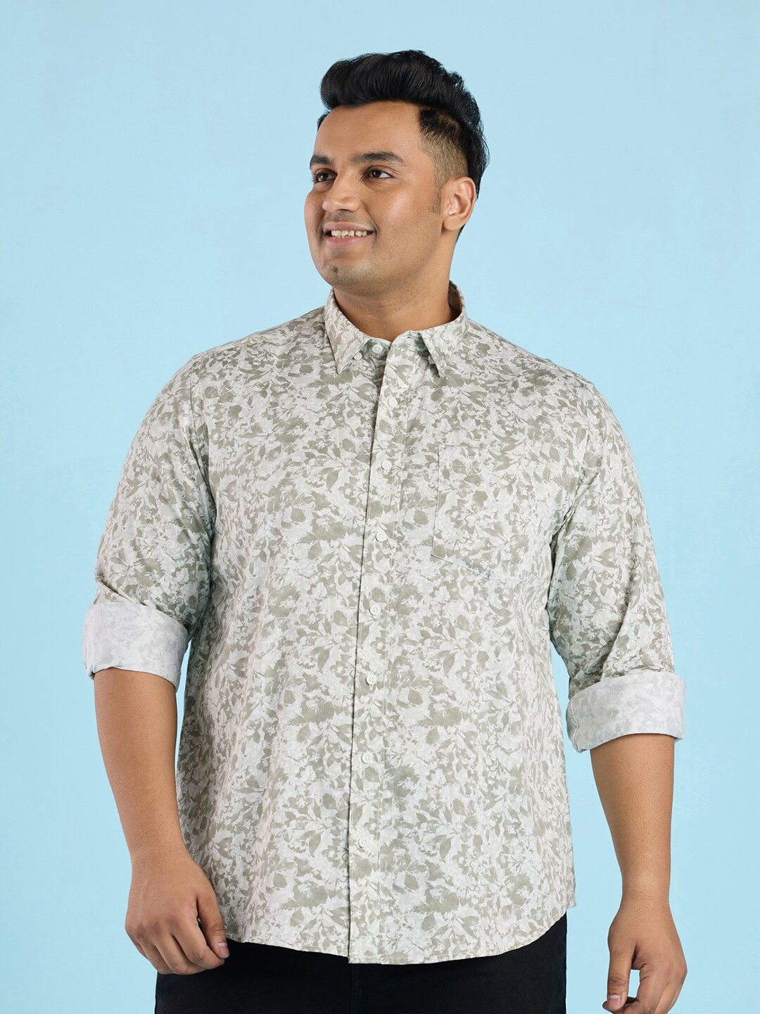 

Big Hello - The Plus Life Spread Collar Floral Printed Casual Pure Cotton Shirt, Olive