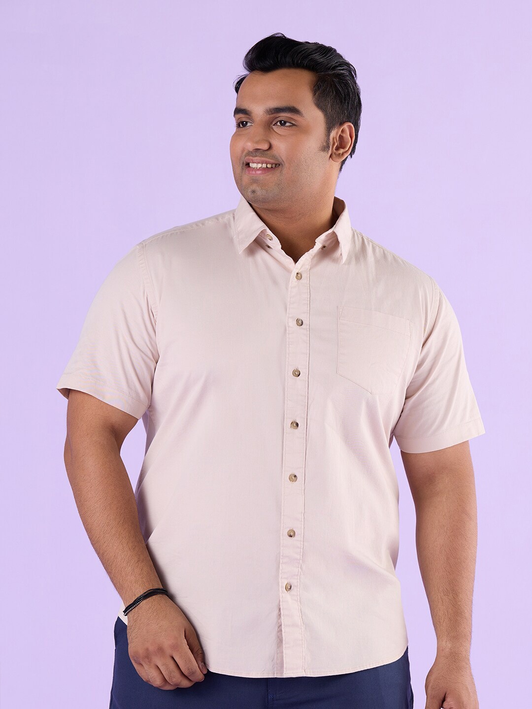

Big Hello - The Plus Life Spread Collar Twill Cotton Casual Shirt, Beige