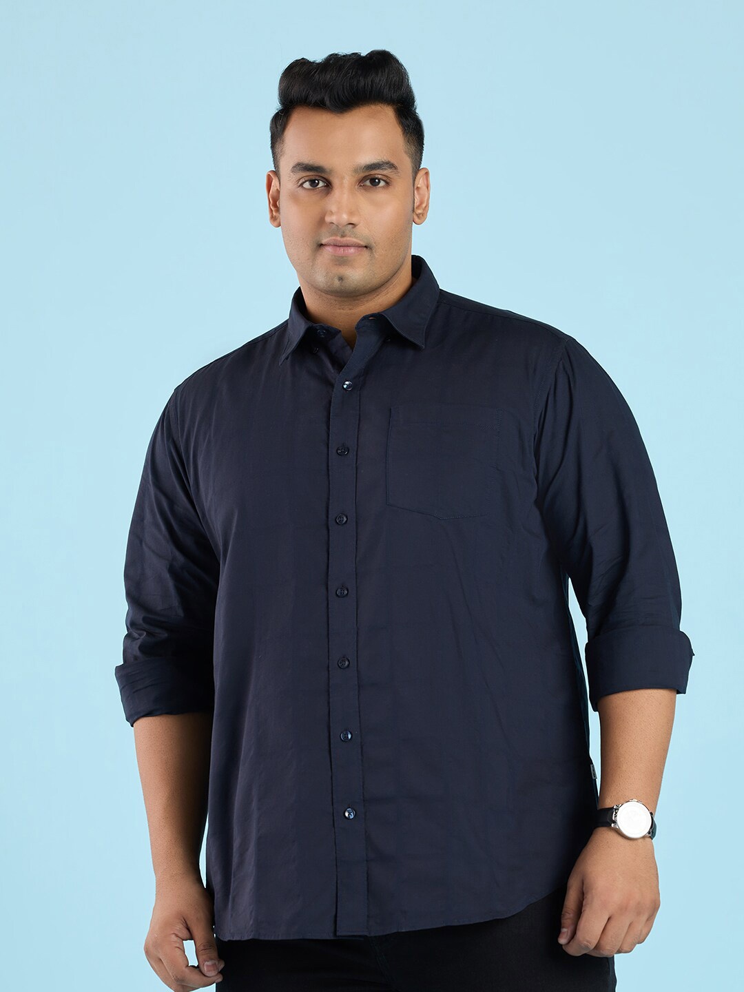 

Big Hello - The Plus Life Spread Collar Cotton Casual Shirt, Navy blue