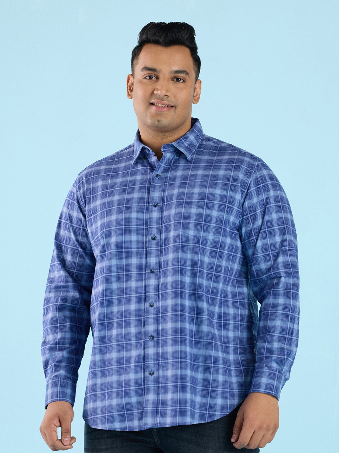 

Big Hello - The Plus Life Windowpane Checks Spread Collar Long Sleeves Cotton Casual Shirt, Blue