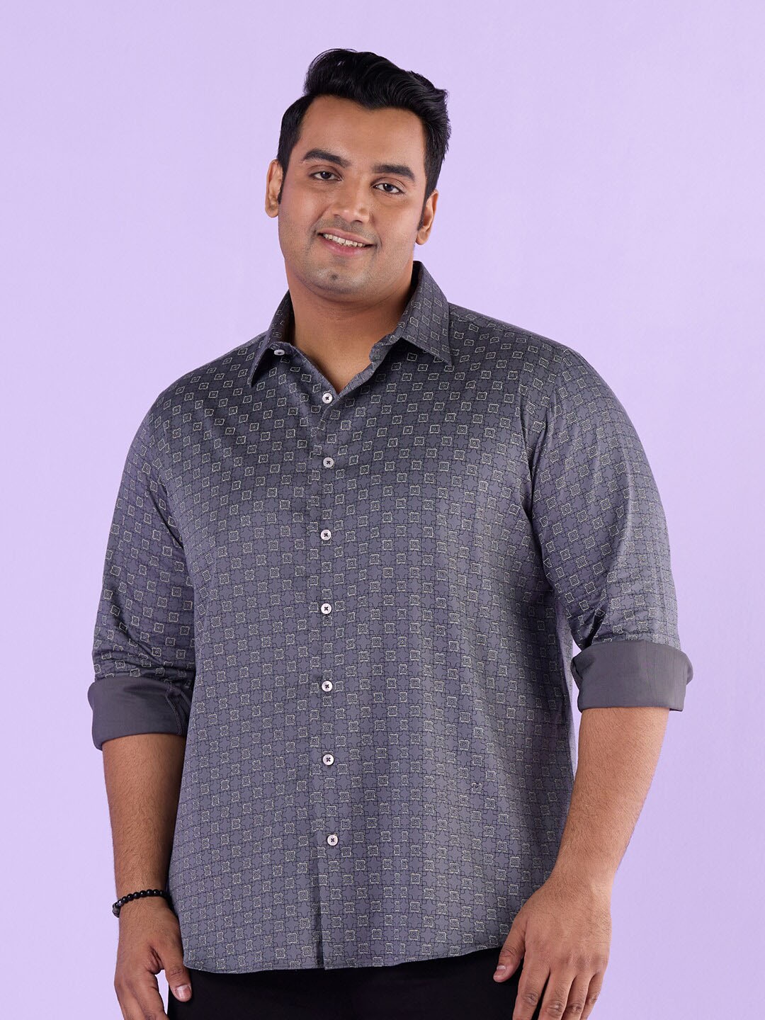 

Big Hello - The Plus Life Geometric Printed Cotton Satin Casual Shirt, Grey