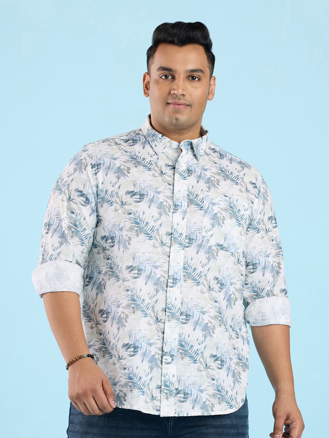 

Big Hello - The Plus Life Tropical Printed Spread Collar Long Sleeves Cotton Casual Shirt, Blue