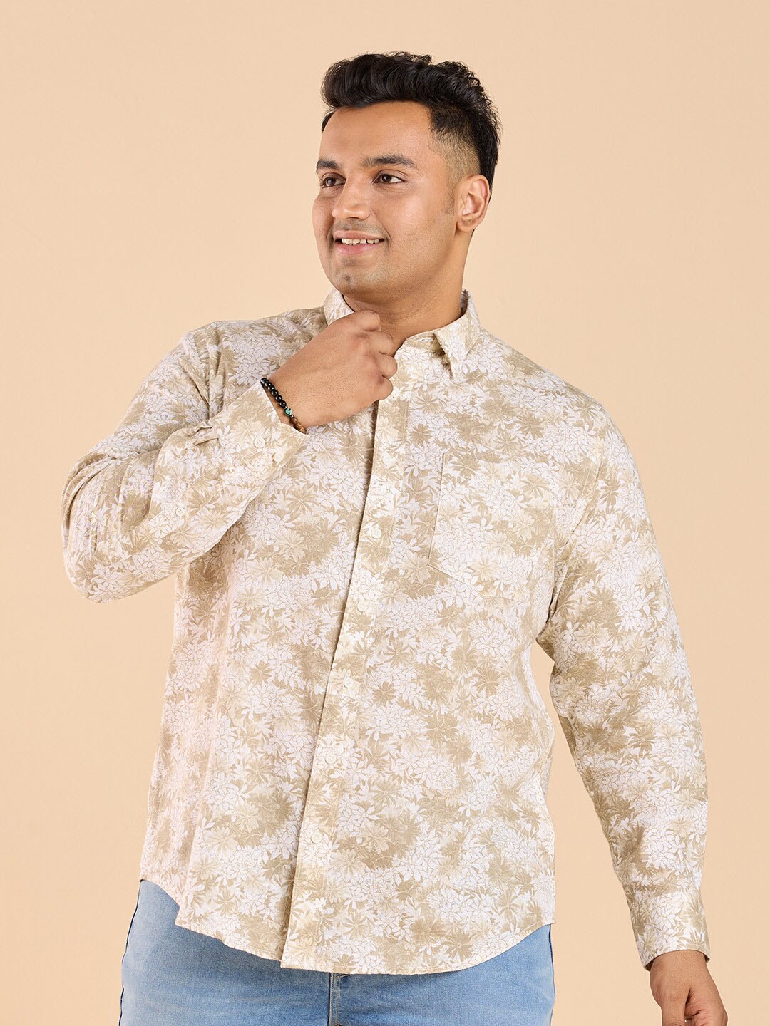 

Big Hello - The Plus Life Printed Cotton Casual Shirt, Beige