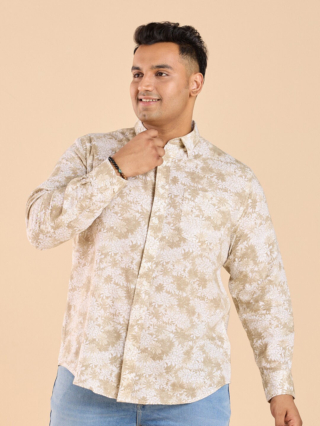 

Big Hello - The Plus Life Floral Printed Cotton Casual Shirt, Beige