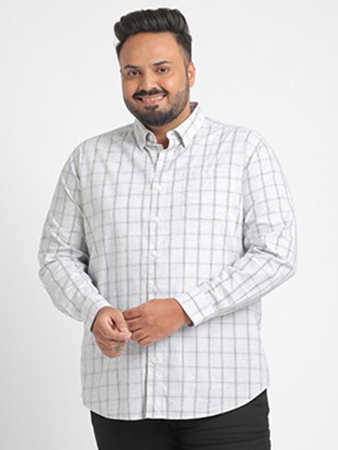 

Big Hello - The Plus Life Windowpane Checks Spread Collar Long Sleeves Cotton Casual Shirt, Grey