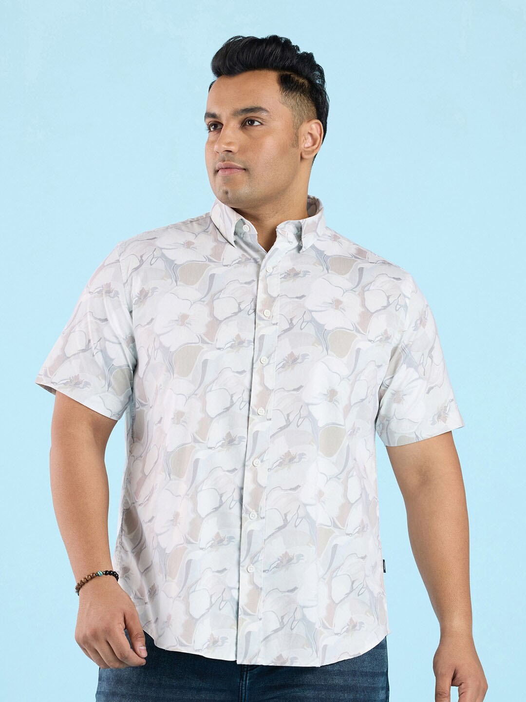 

Big Hello - The Plus Life Floral Printed Cotton Casual Shirt, Beige