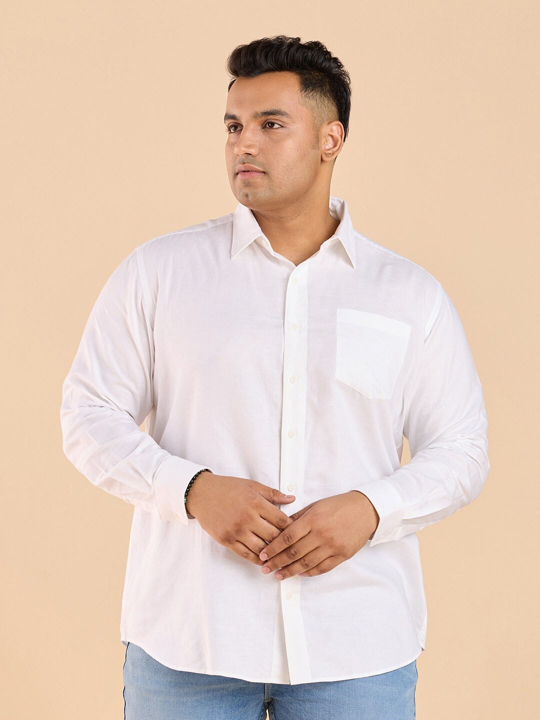 

Big Hello - The Plus Life Spread Collar Twill Weave Cotton Casual Shirt, White