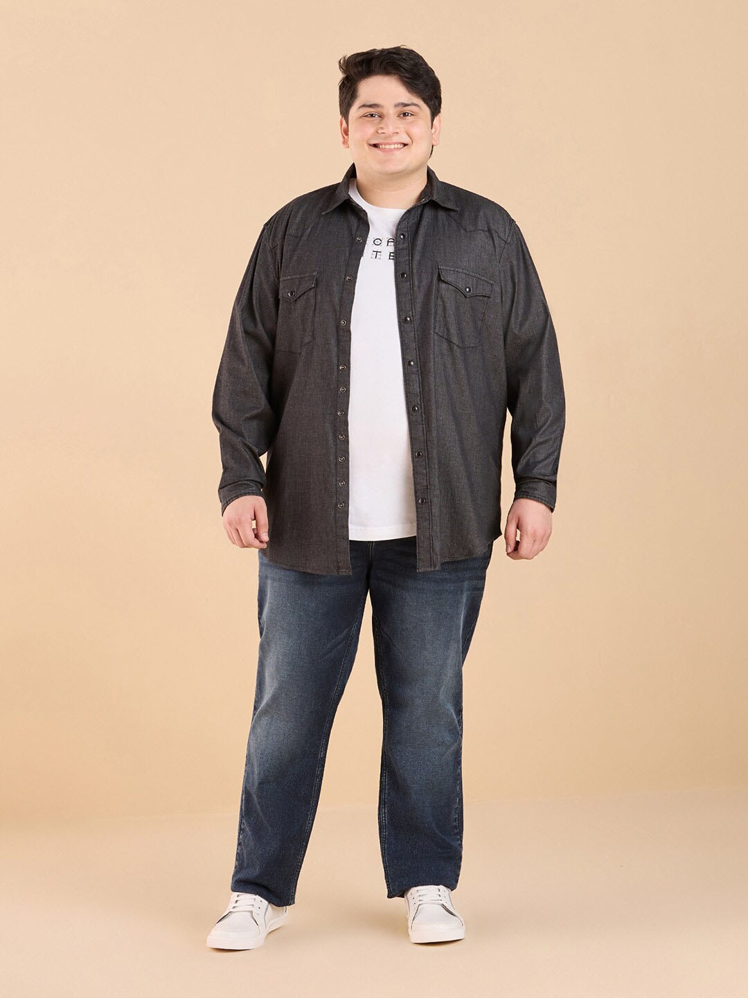 

Big Hello - The Plus Life Spread Collar Long Sleeves Cotton Casual Shirt, Grey