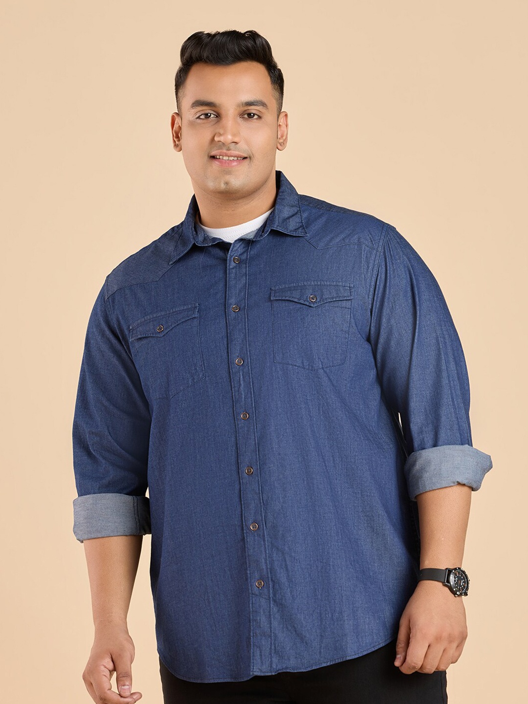 

Big Hello - The Plus Life Denim Cotton Casual Shirt, Blue