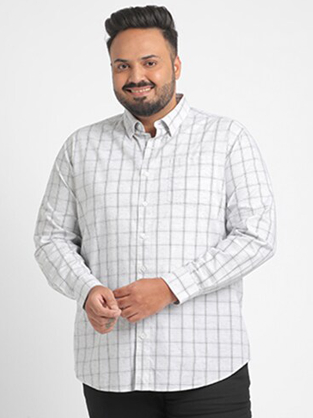 

Big Hello - The Plus Life Windowpane Checked Cotton Casual Shirt, White