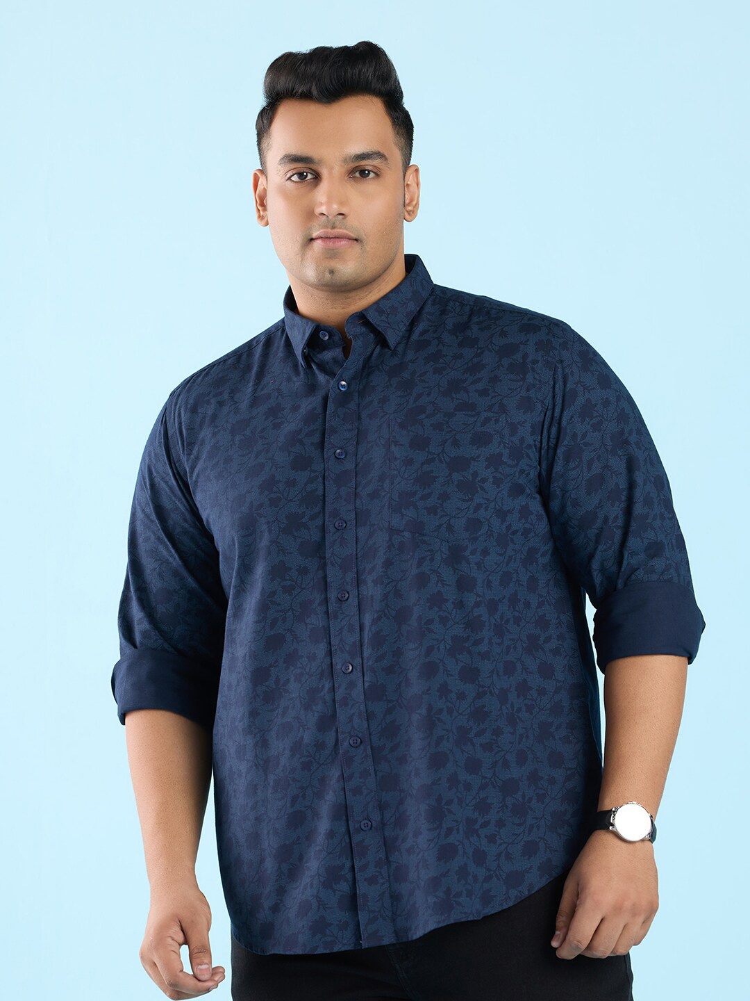 

Big Hello - The Plus Life Flora Printed Cotton Casual Shirt, Navy blue