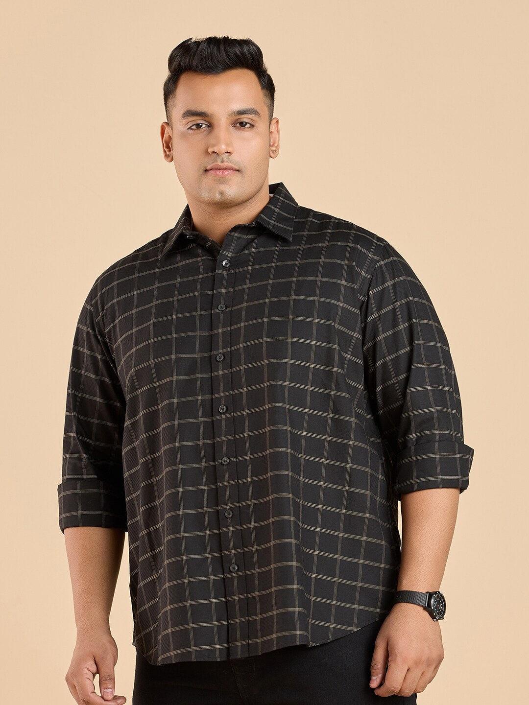 

Big Hello - The Plus Life Windowpane Checks Cotton Casual Shirt, Black
