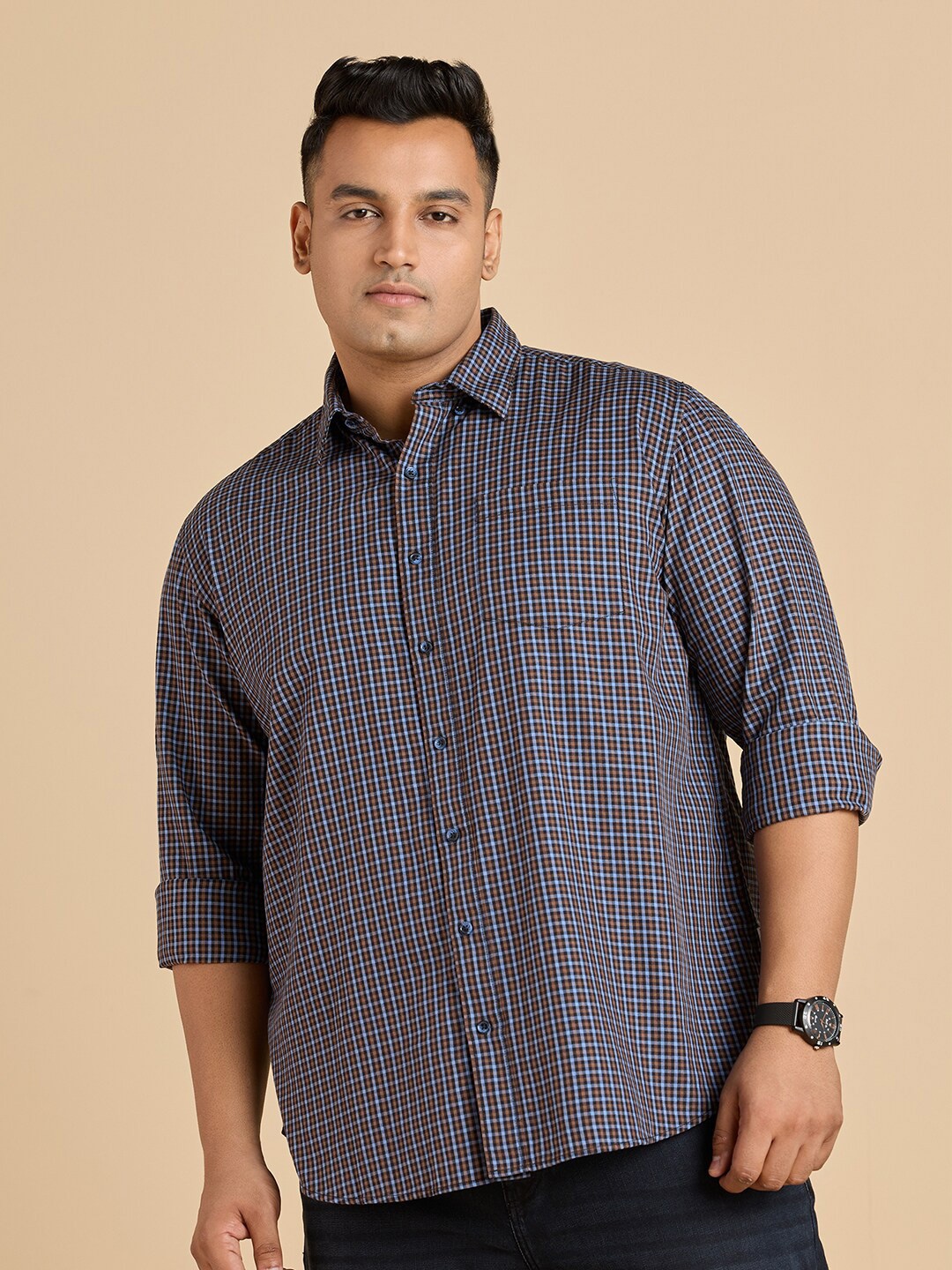 

Big Hello - The Plus Life Gingham Checked Cotton Casual Shirt, Brown