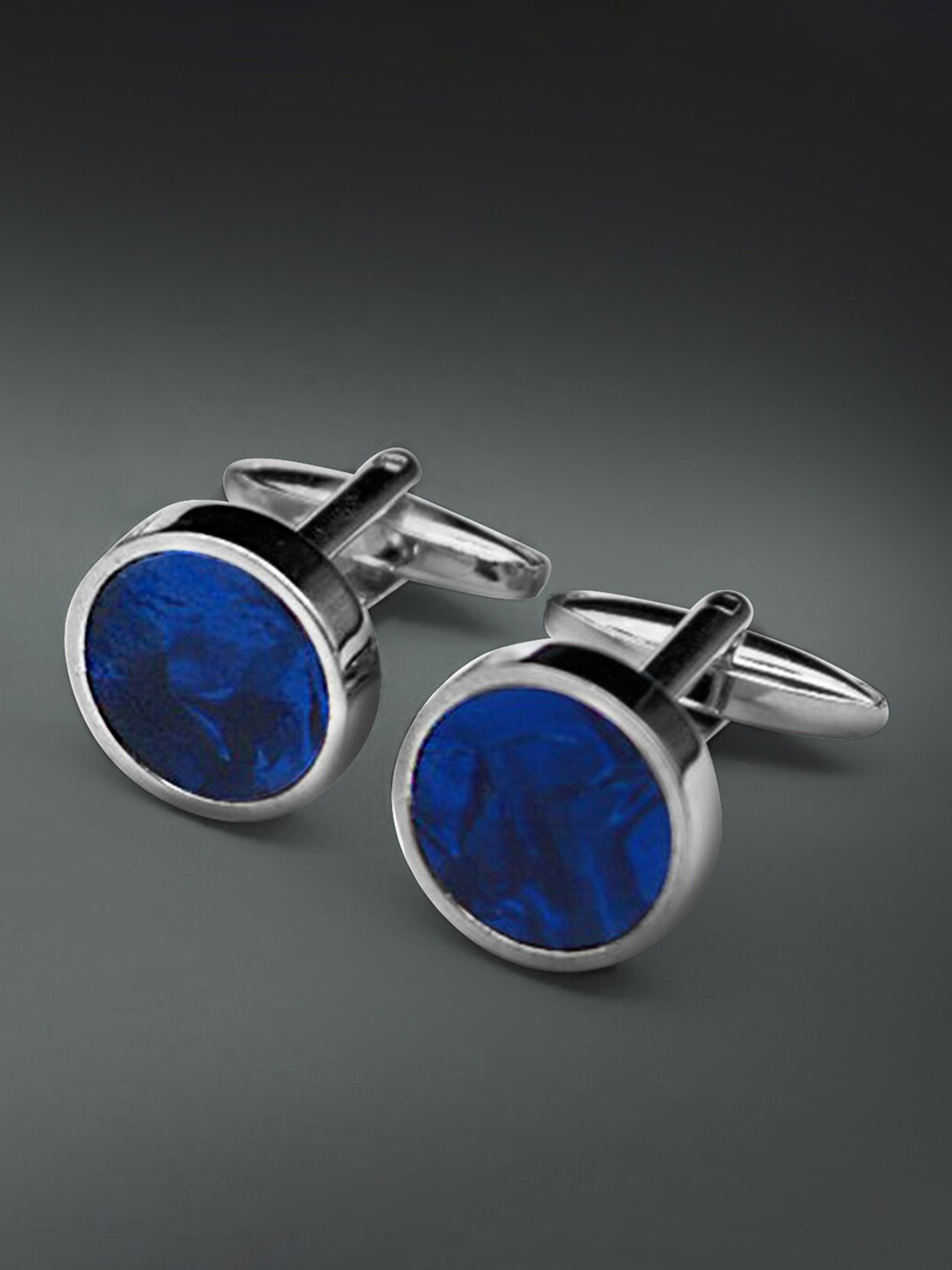 

Peora Men 316L Stainless Steel Silver-Plated Printed Cufflink, Blue