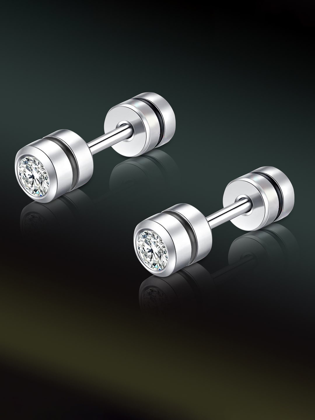

Peora Men 316L Stainless Steel Silver Plated Crystal Studded Circular Studs Earrings