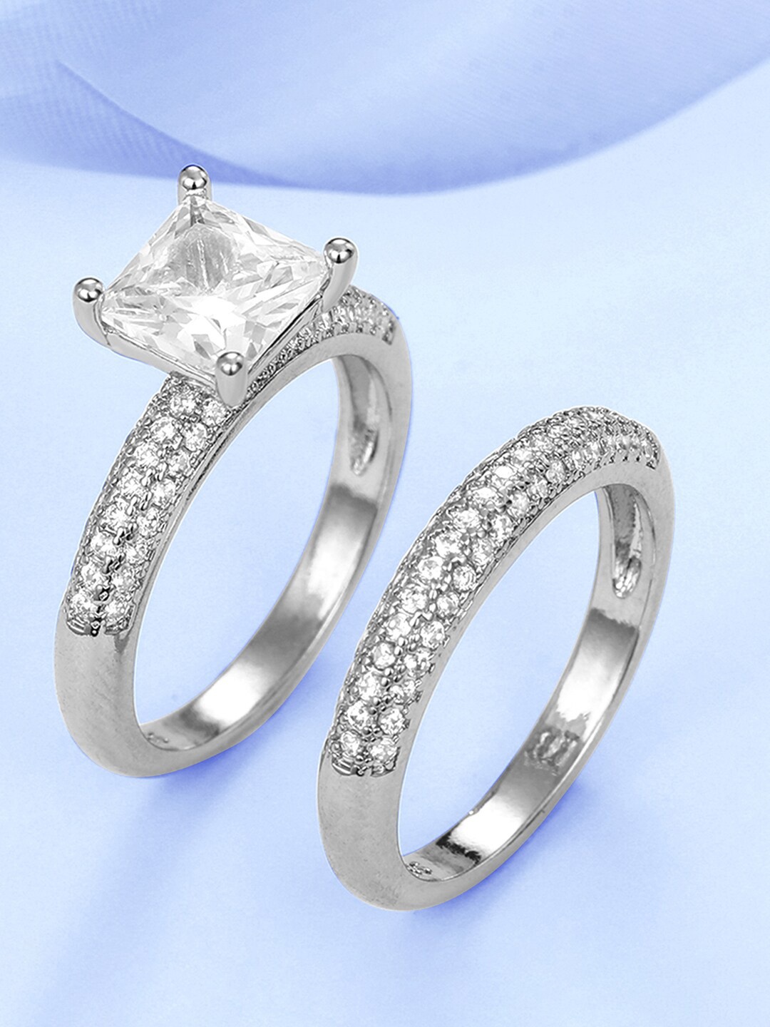 

Peora Set Of 2 Silver-Plated CZ Studded Solitaire & Eternity Finger Rings