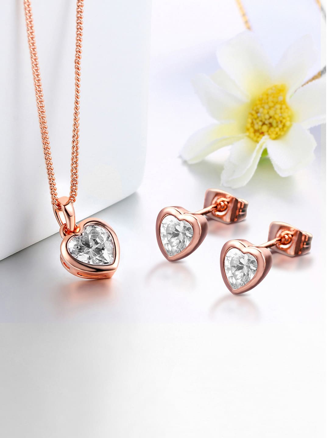 

Peora Rose Gold-Plated CZ-Studded Heart Shape Pendant & Earrings