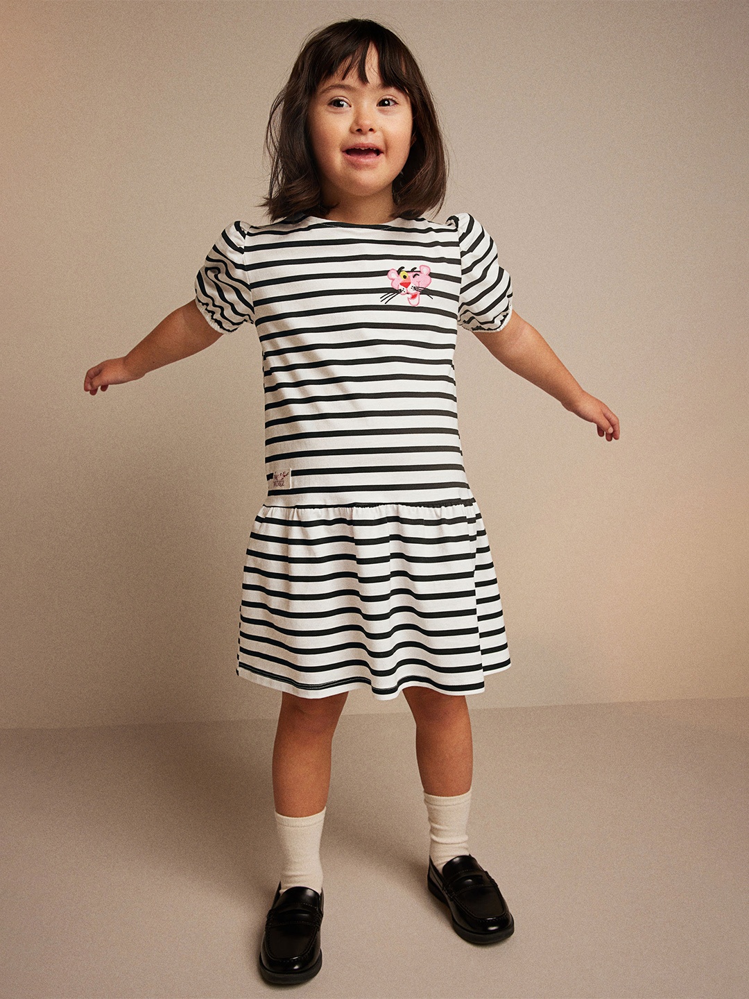 

H&M Striped Pure Cotton Puff Sleeves Dress, Black