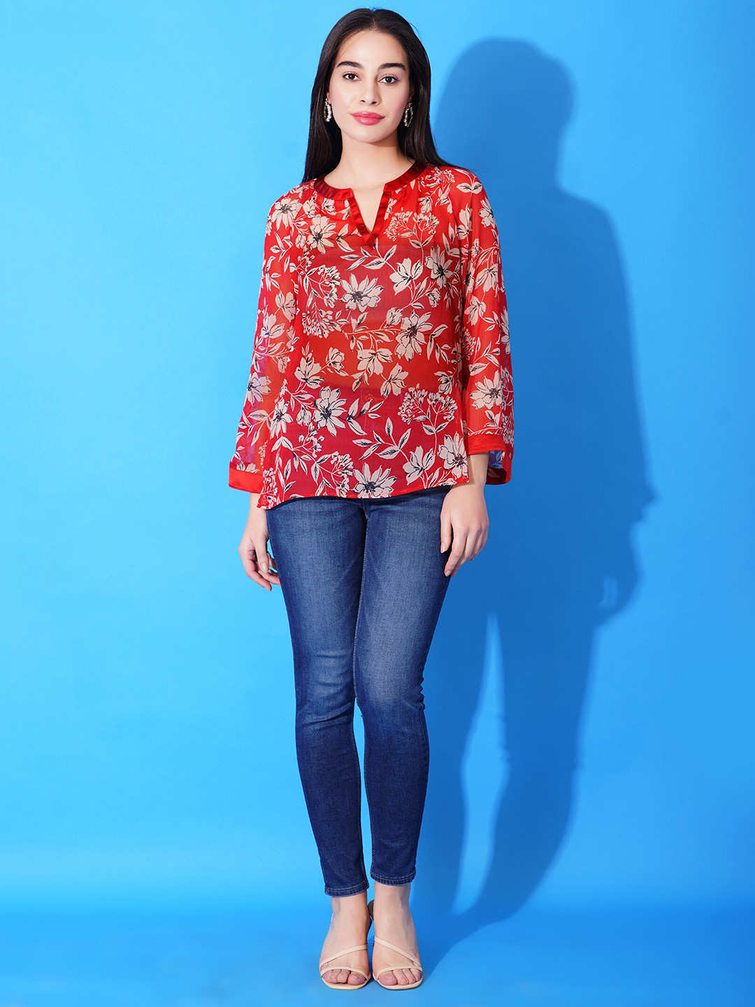 

DEBONATELLA Floral Printed Mandarin Collar Short Sleeves Top, Red