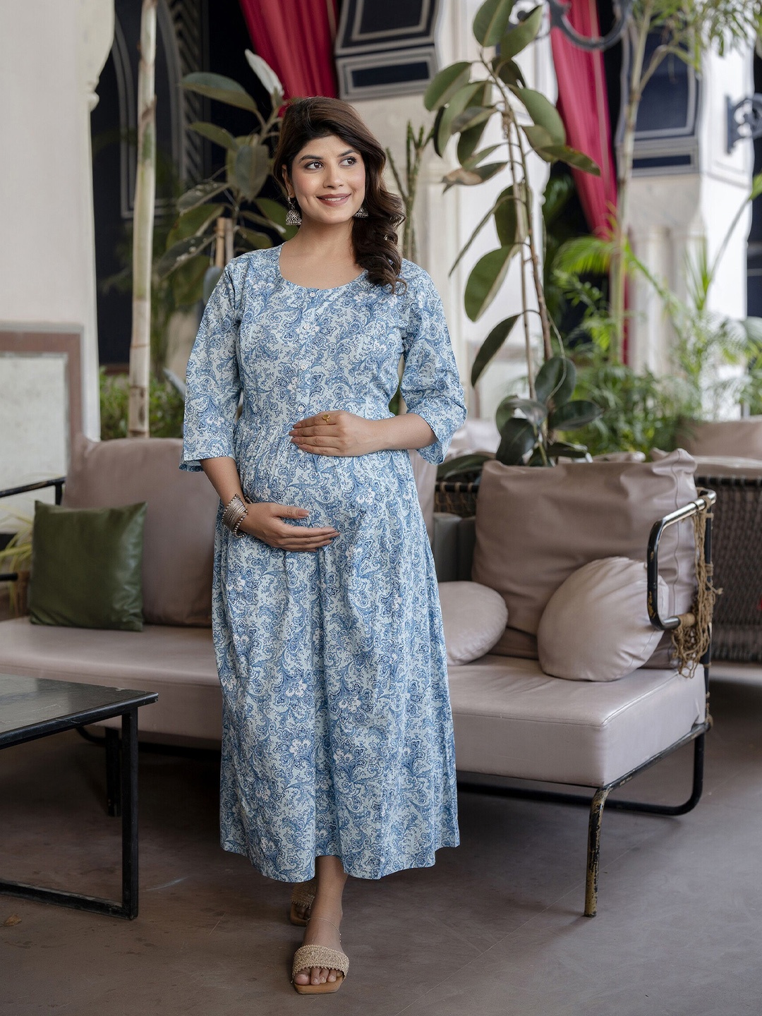 

Nayo Floral Print Maternity Cotton A-Line Midi Dress, Blue