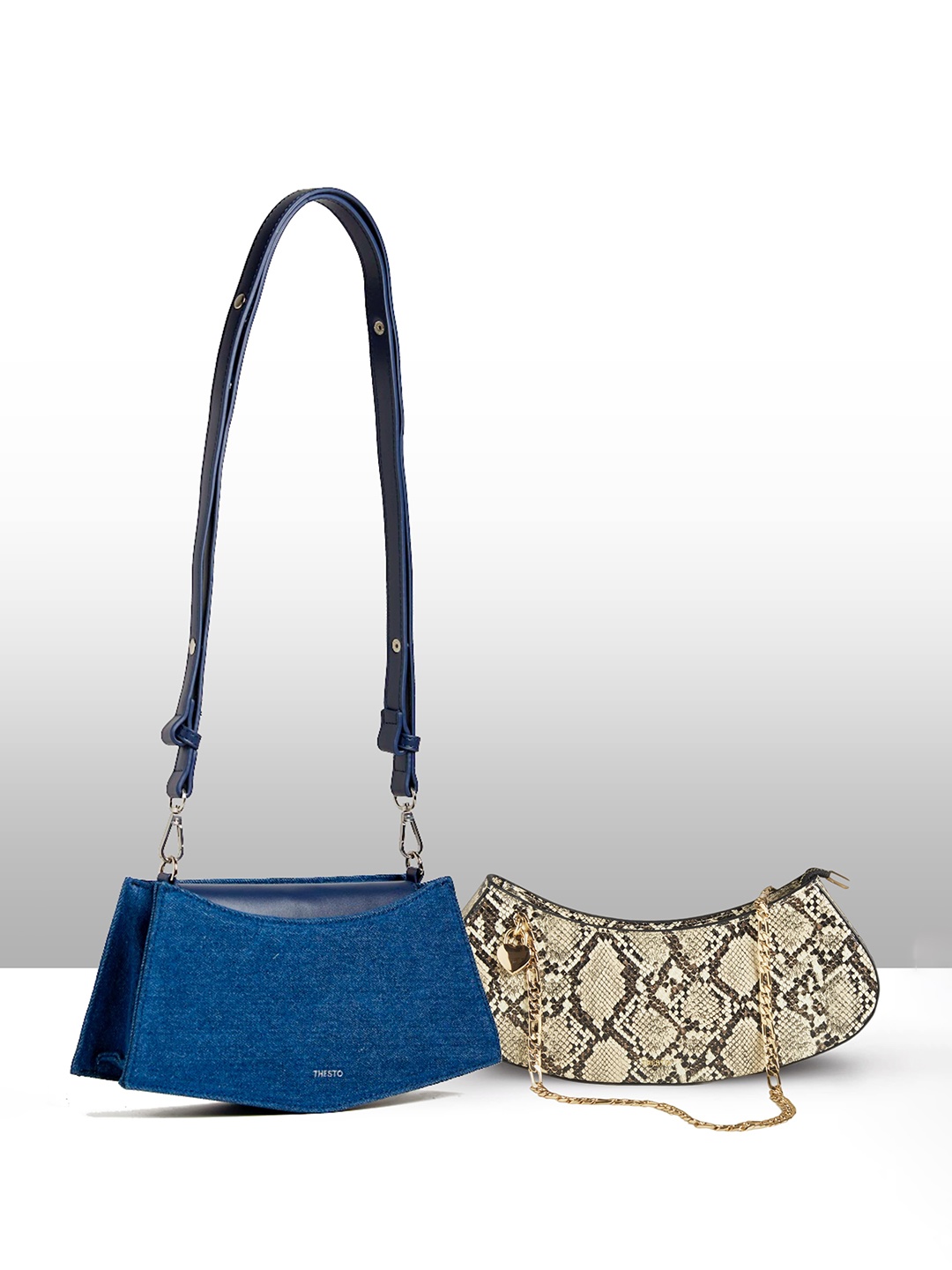 

THESTO Set Of 2 Zip Detail PU Structured Shoulder Bags, Blue