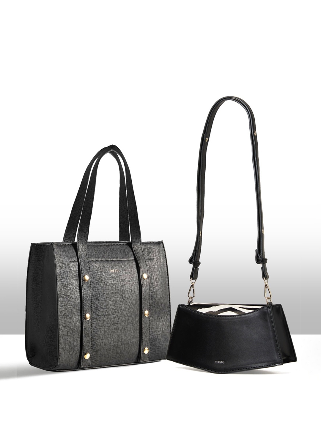 

THESTO Pack Of 2 Textured Structured Shoulder Bag, Black