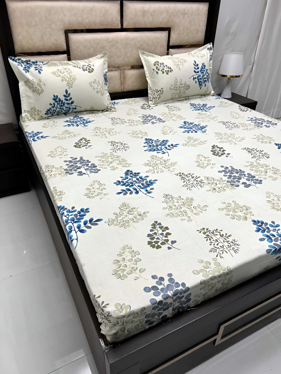 

Pure Decor Off White & Blue Floral Cotton 300 TC Queen Bedsheet with 2 Pillow Covers