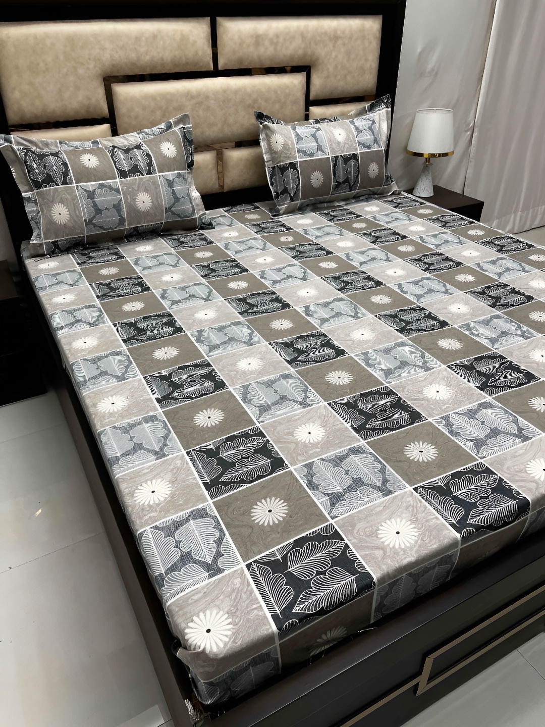 

Pure Decor Grey & Blue Floral Cotton 300 TC Queen Bedsheet with 2 Pillow Covers