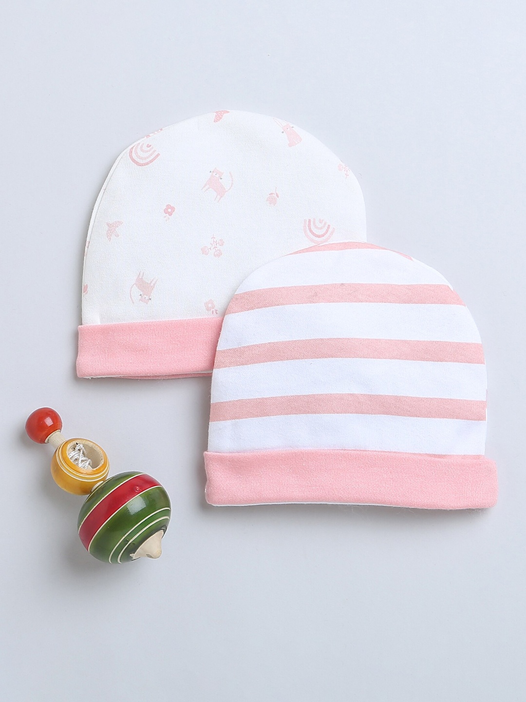 

BUMZEE Girls Set Of 2 Printed Cotton Beanies, Peach