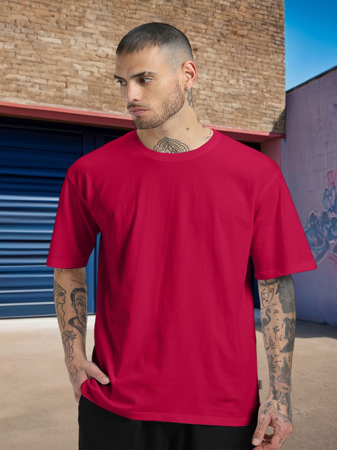 VEIRDO Drop-Shoulder Sleeves Pure Cotton Oversized T-shirt, Magenta