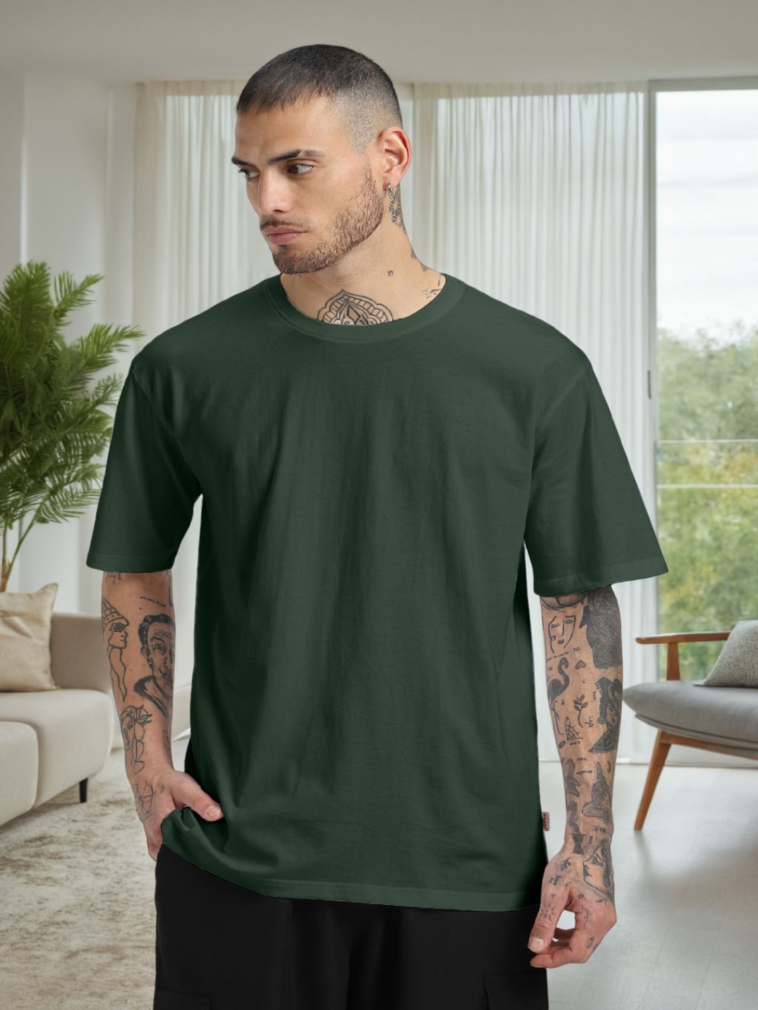 

VEIRDO Olive Green Drop-Shoulder Sleeves Pure Cotton Oversized T-shirt