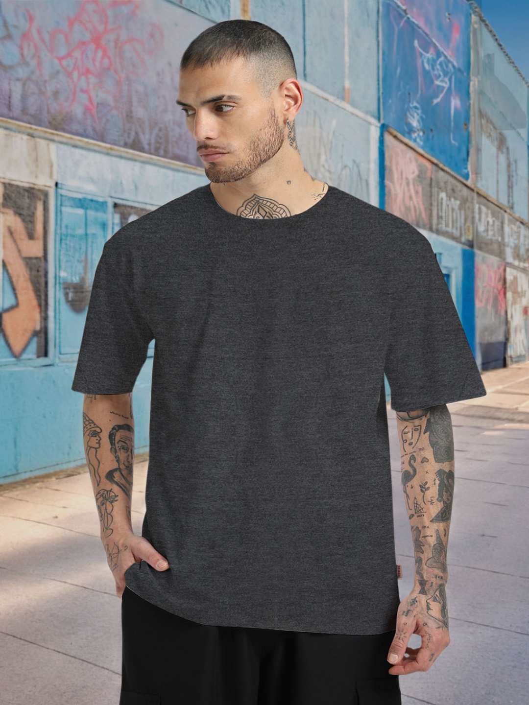 

VEIRDO Grey Drop-Shoulder Sleeves Pure Cotton Oversized T-shirt