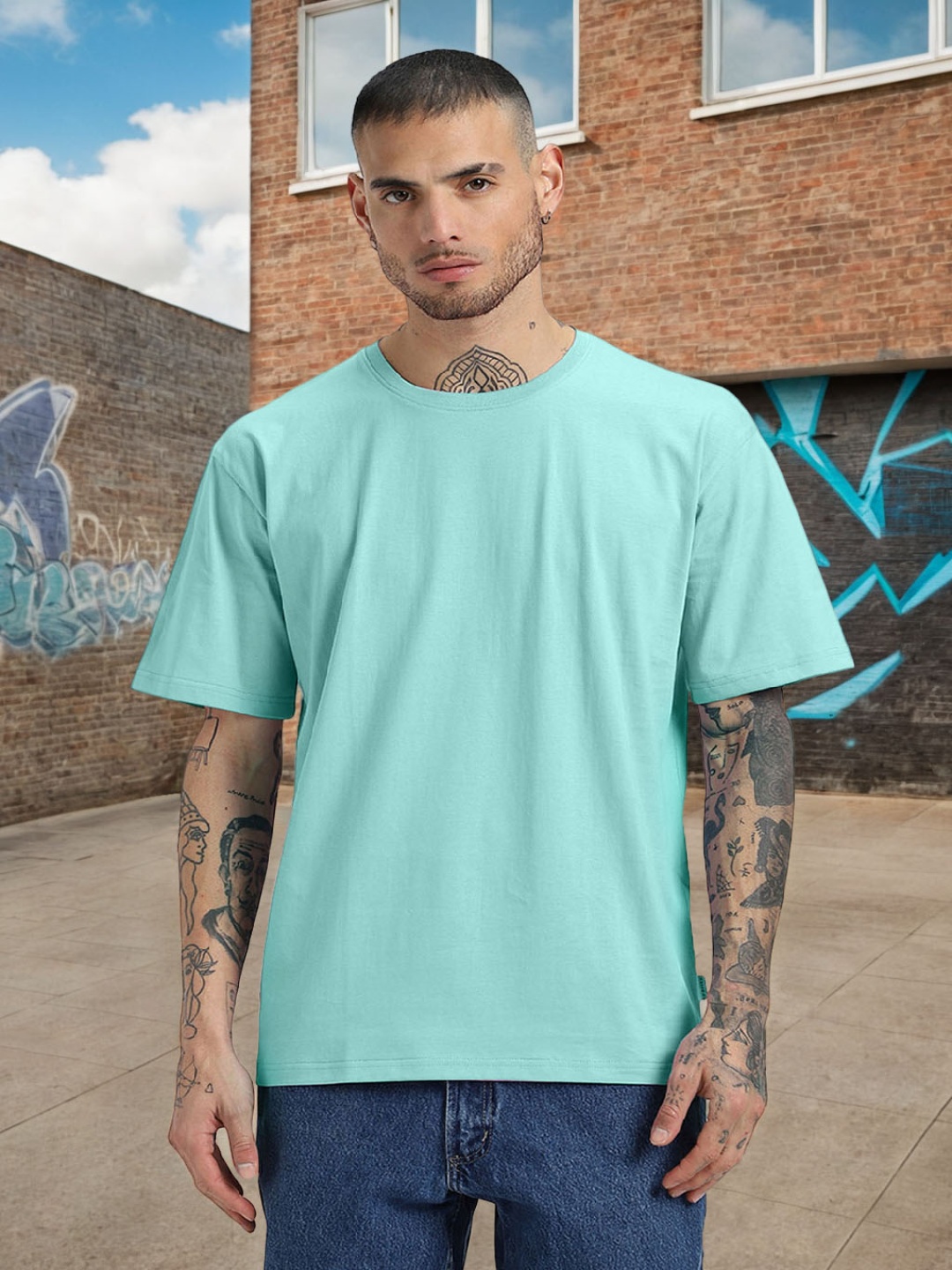 

VEIRDO Blue Drop-Shoulder Sleeves Pure Cotton Oversized T-shirt
