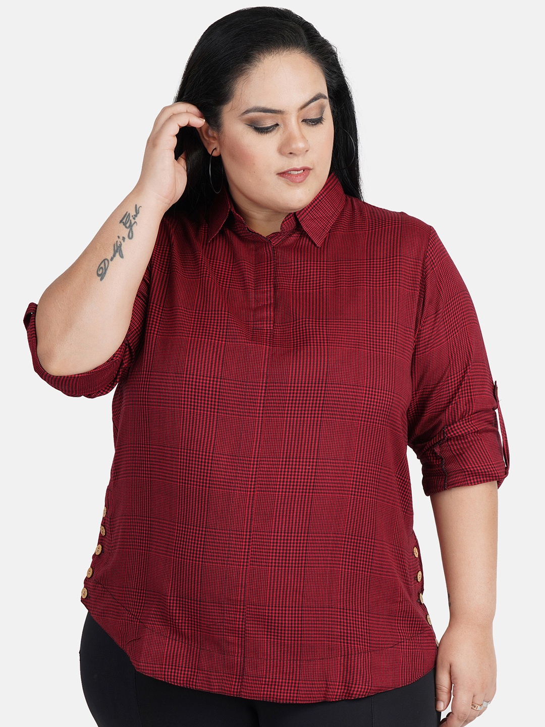 

Indietoga Women's Plus Size Red & Black Checkered Rayon Shirt