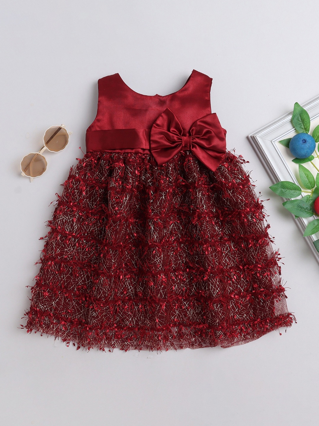 

MANY FROCKS & Infant Girls Fringed Bow Tie Up Net A-Line Dress, Maroon