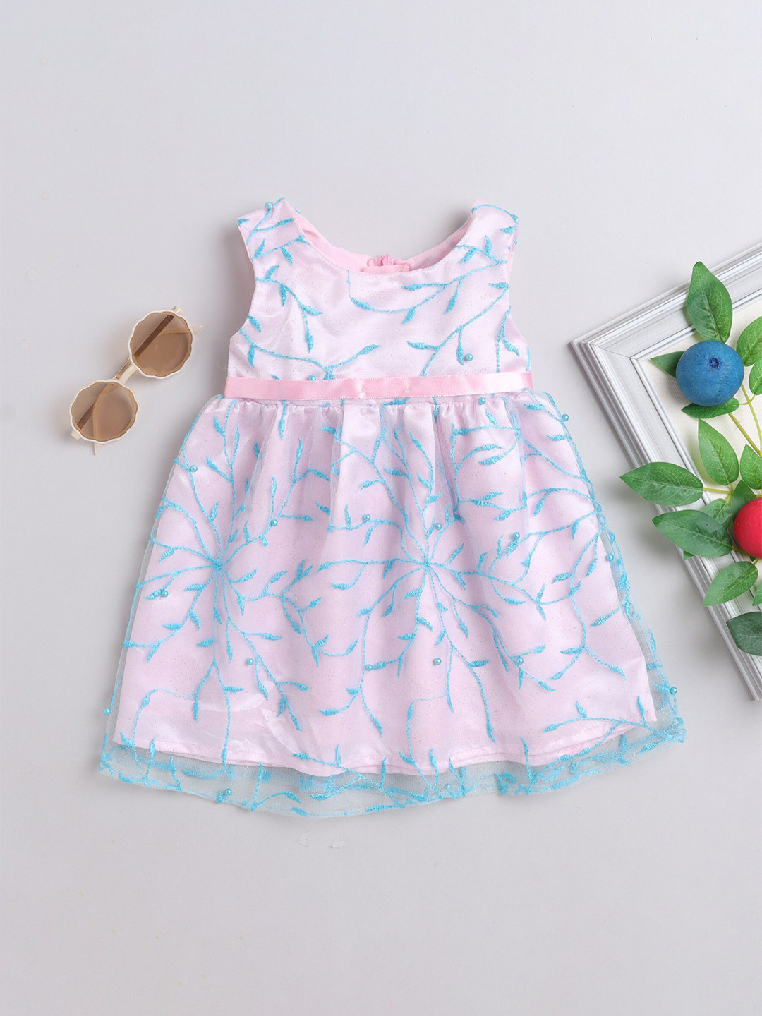 

MANY FROCKS & Girls Round Floral Printed Net Fit & Flare Dress, Pink