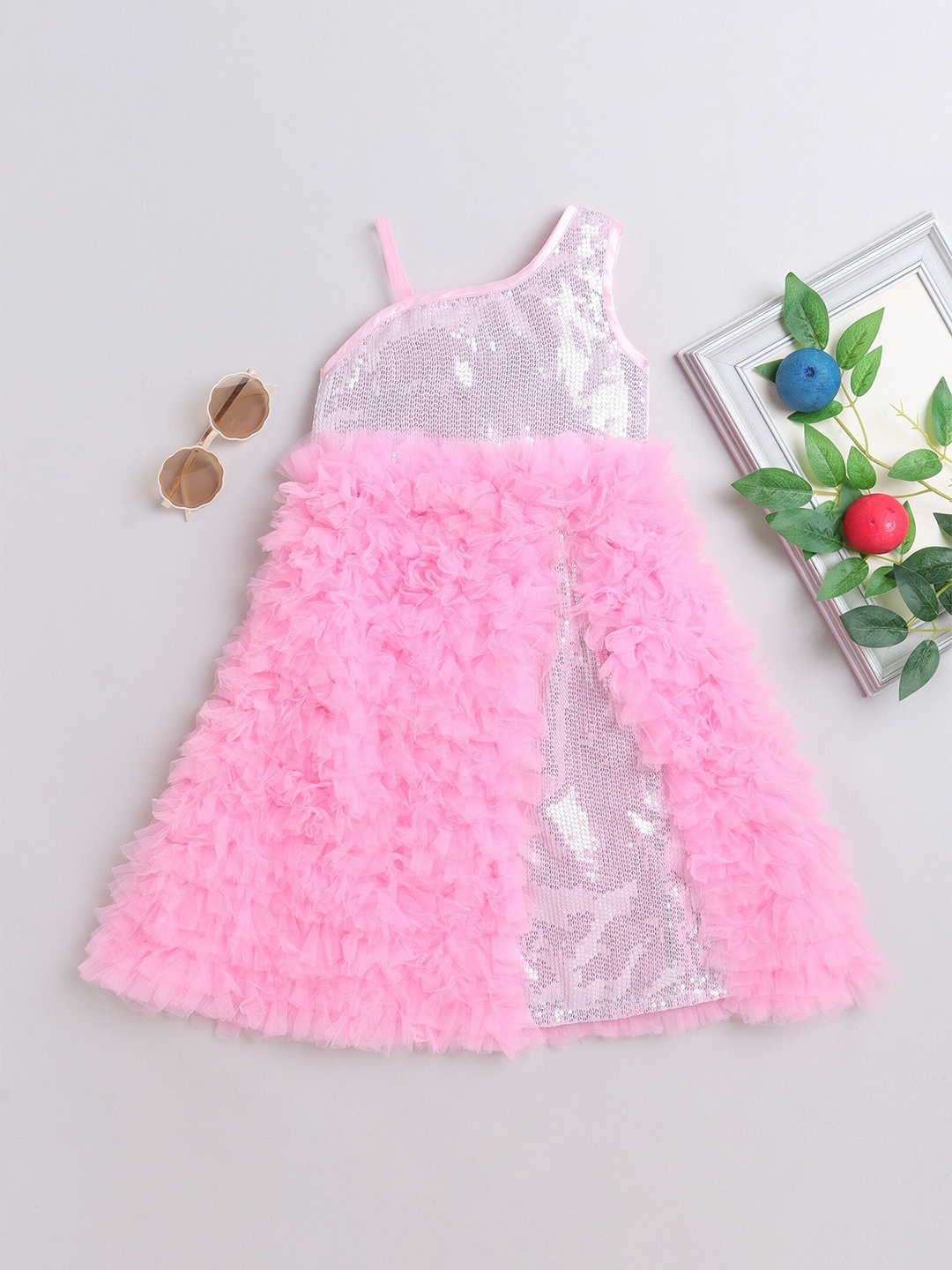 

MANY FROCKS & Girls One Shoulder Sequined Net Fit & Flare Dress, Pink