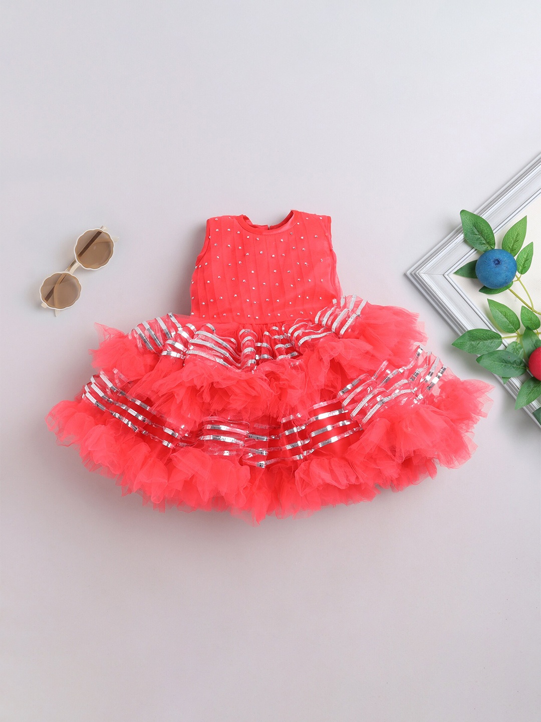 

MANY FROCKS & Girls Embellished Ruffled Net Fit & Flare Dress, Red