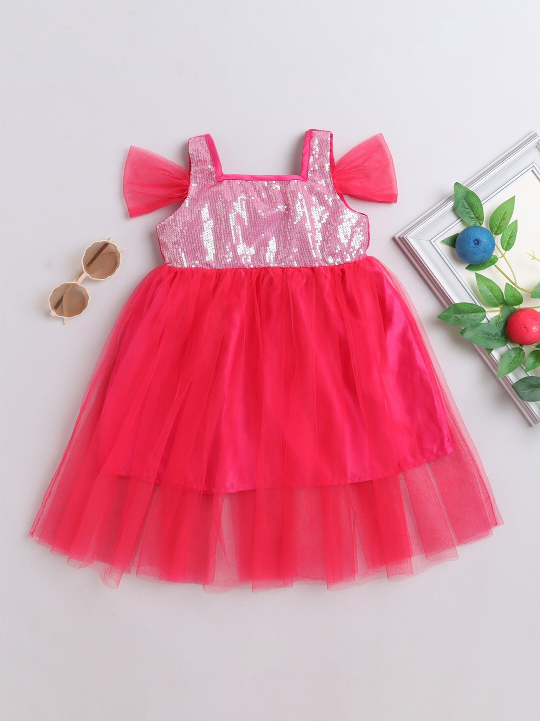 

MANY FROCKS & Girls Square Neck Sequined Net Fit & Flare Dress, Pink