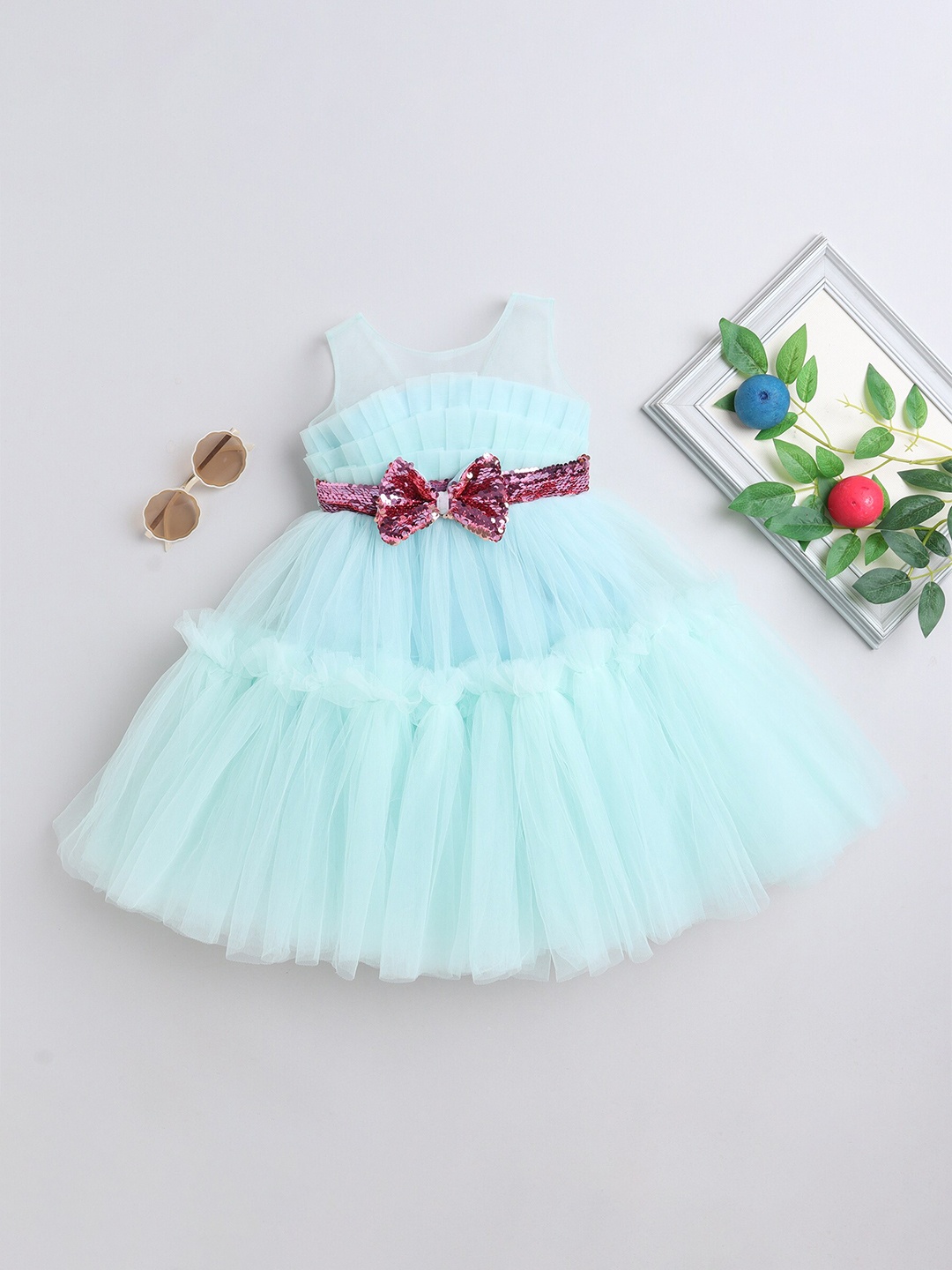 

MANY FROCKS & Girls Round Neck Bow Detail Net Fit & Flare Dress, Blue