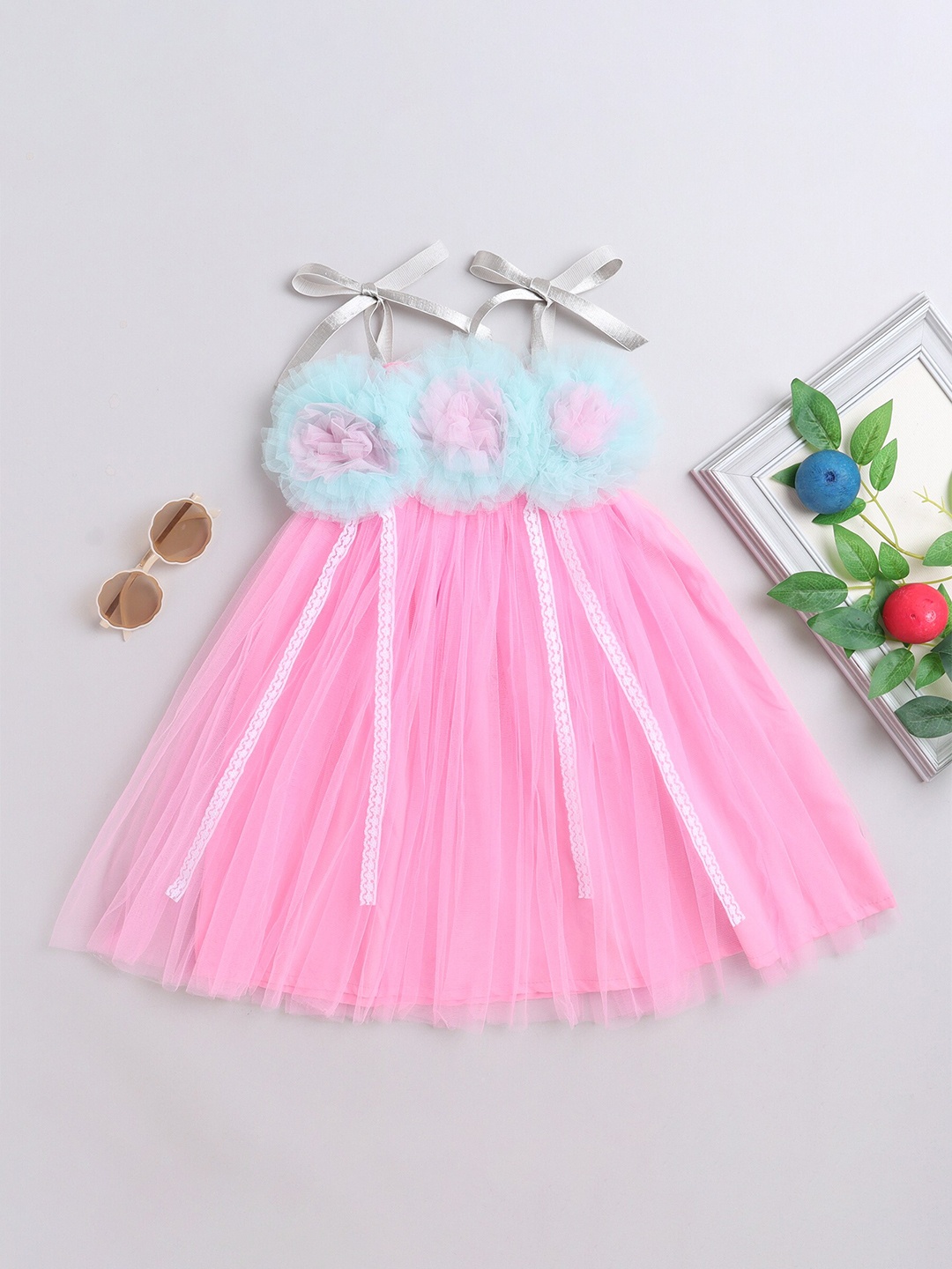 

MANY FROCKS & Girls Shoulder Straps Net Fit & Flare Dress, Pink