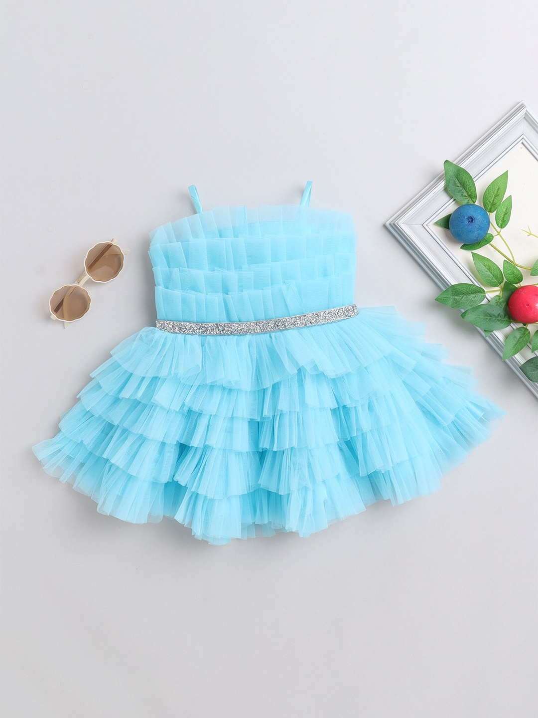

MANY FROCKS & Checked Net Fit & Flare Dress, Blue