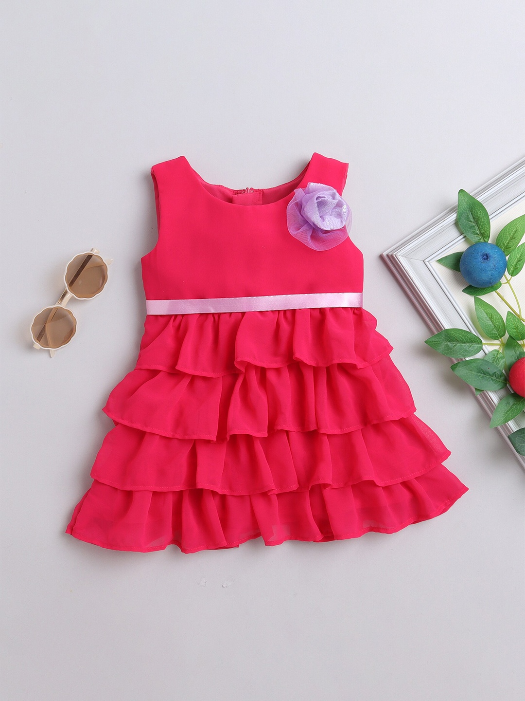 

MANY FROCKS & Infant Girls Sleeveless Georgette Layered Fit & Flare Dress With Belt, Pink