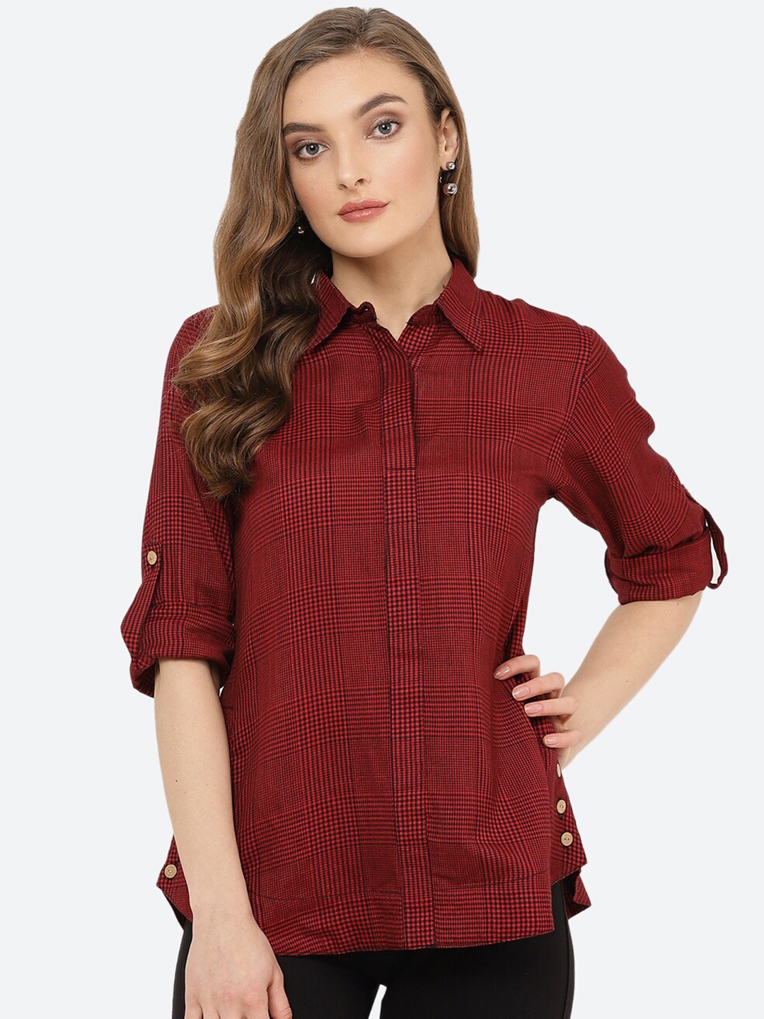 

Indietoga Classic Checked Roll-Up Sleeves Casual Shirt, Red
