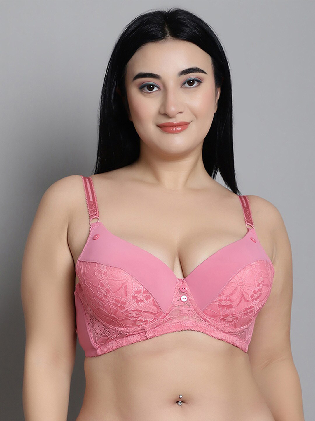 

MAKCLAN Lace Medium Coverage Underwired Lightly Padded Plunge Bra With All Day Comfort, Pink
