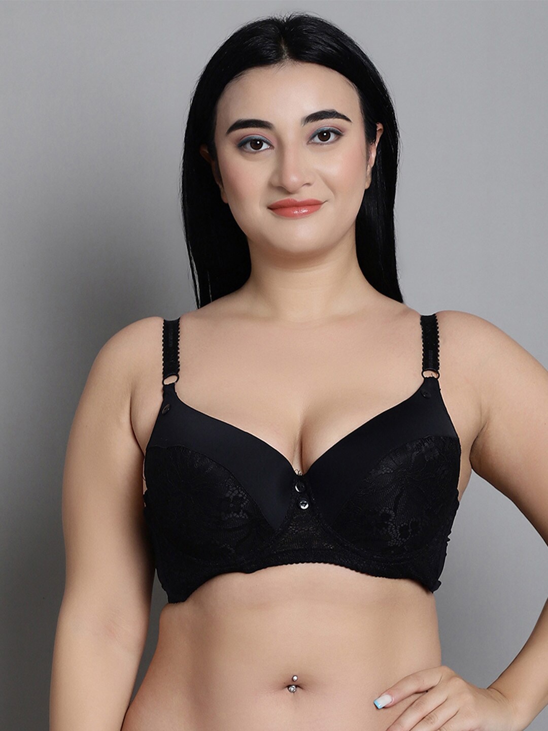 

MAKCLAN Floral Medium Coverage Anti Odour Lightly Padded Plunge Bra With All Day Comfort, Black