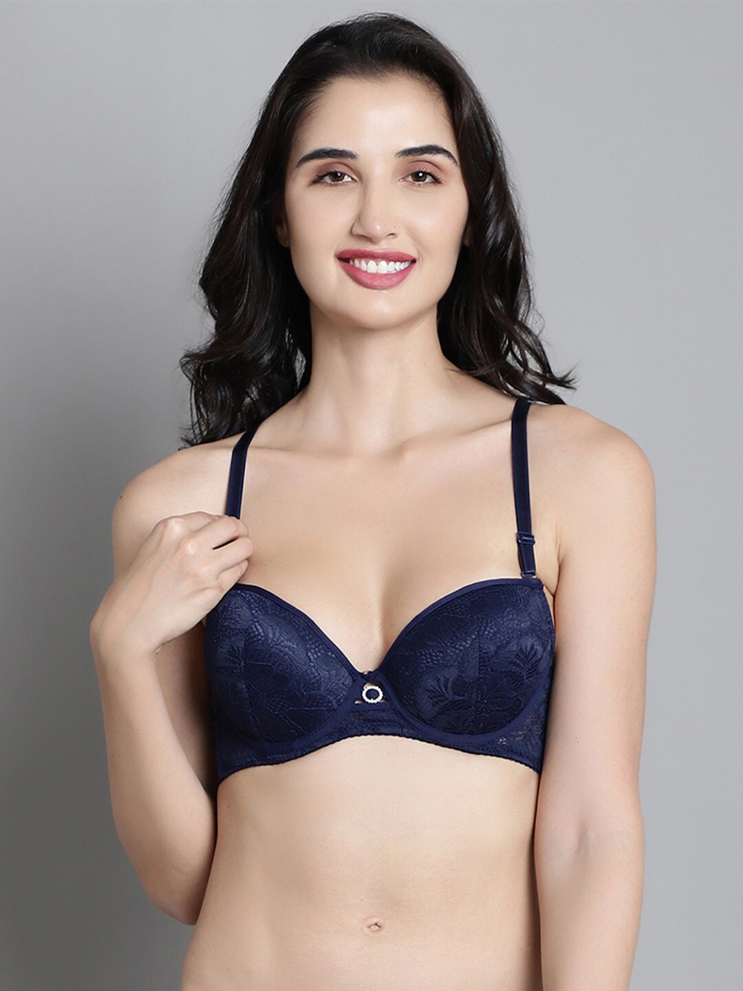 

MAKCLAN Floral Medium Coverage Anti Odour Lightly Padded Push-Up Bra With All Day Comfort, Navy blue