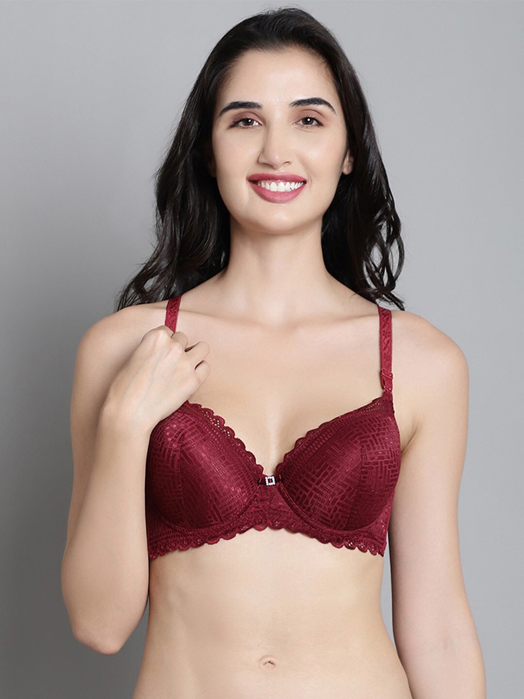 

MAKCLAN Floral Medium Coverage Anti Odour Lightly Padded Plunge Bra With All Day Comfort, Red